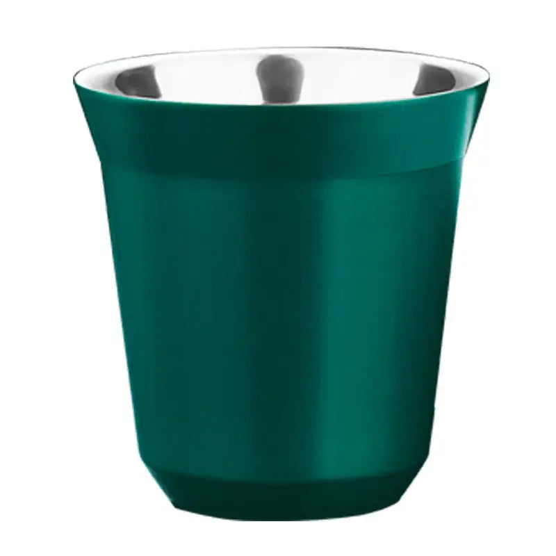 A sleek dark green double walled espresso cup with shiny metallic interior and modern tapered design from a set of 6