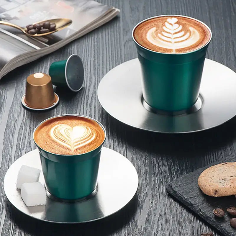 Modern matte teal double walled espresso cups set of 6 with latte art on matching saucers for kitchen use
