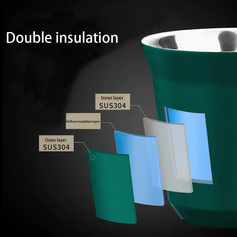 Green modern matte double walled espresso mug with stainless steel inner and outer layers for kitchen use