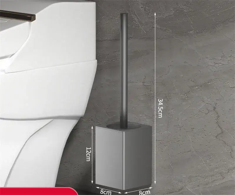 Modern matte gray and black metal toilet brush holder set with silver-toned sleek toilet brush and matching rectangular brush holder