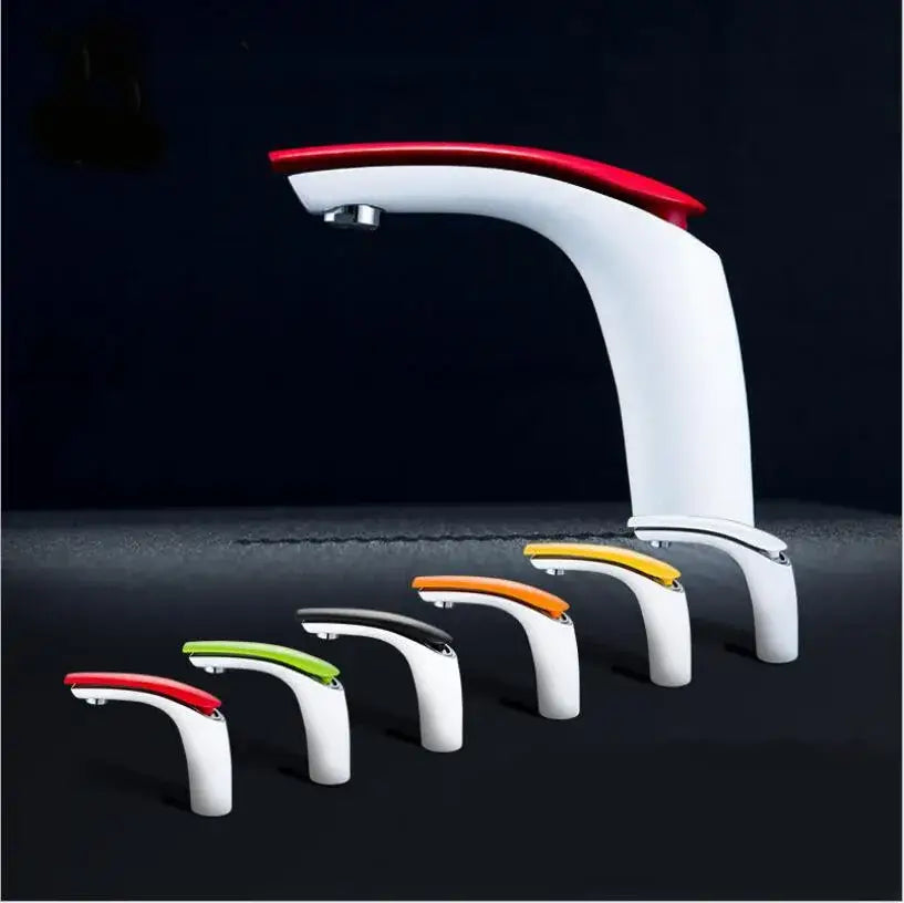 Modern matte gray brass baking finish basin faucet with sleek white curved design and red accent handle by decorbites brass baking