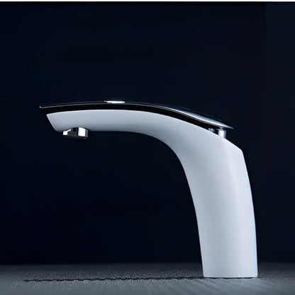 Modern matte gray brass baking finish basin faucet with white ceramic sleek curved design and chrome accents by decorbites brass baking