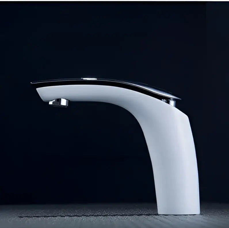 Modern matte gray brass baking finish basin faucet with white ceramic sleek curved design and chrome accents by decorbites brass baking