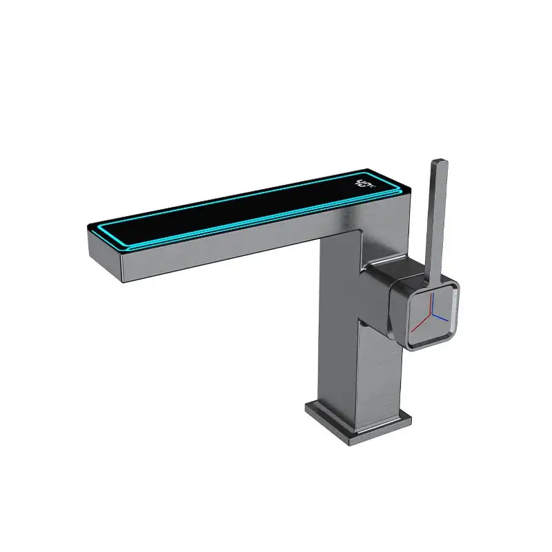 Modern matte gray sink mixer with digital display square design and illuminated blue led strip by decorbites digital display
