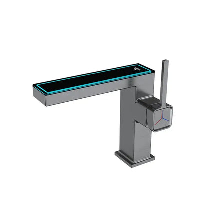 Modern matte gray sink mixer with digital display square design and illuminated blue led strip by decorbites digital display