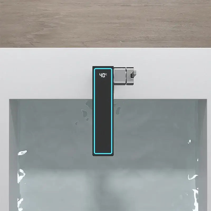 A sleek black decorbites digital display square sink mixer with silver handle showing 40°c for modern kitchen use