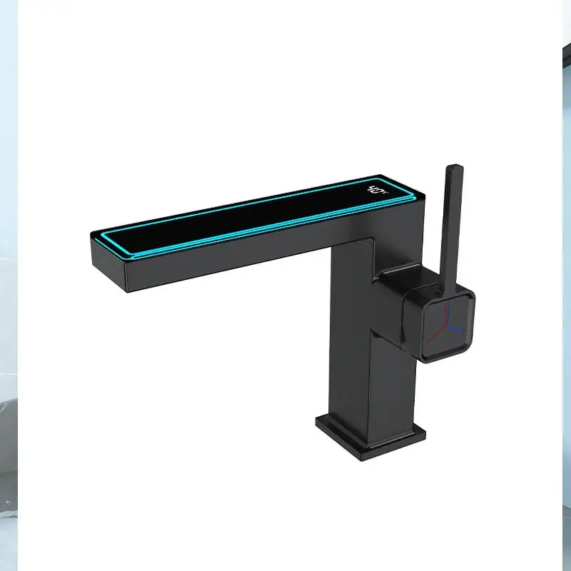 Modern matte gray sink mixer with black rectangular spout and teal led accent decorbites digital display square design