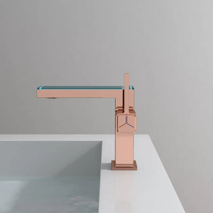 Modern rose gold sink mixer with sleek minimalist design and integrated glass shelf for decorbites digital display square model