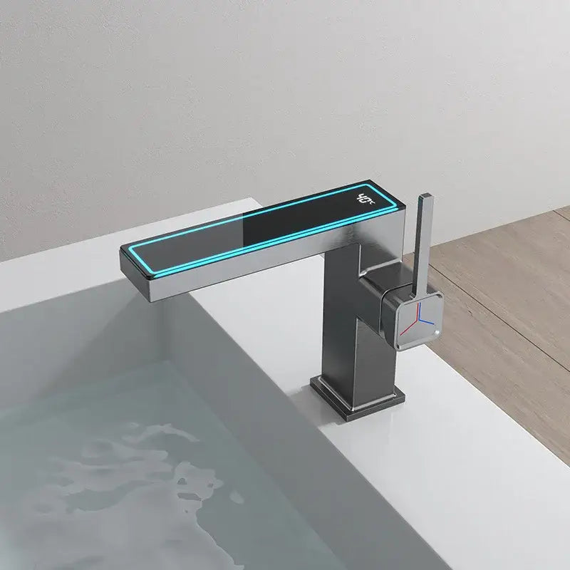 Modern matte gray sink mixer with chrome rectangular spout, illuminated blue led, and decorbites digital display square handle