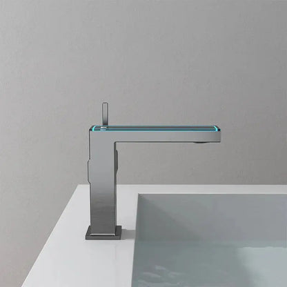 Modern matte gray sink mixer with chrome rectangular spout and illuminated blue led strip decorbites digital display square