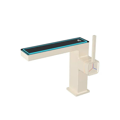Modern matte gray digital display square sink mixer faucet with cream rectangular spout and blue led strip decorbites digital display