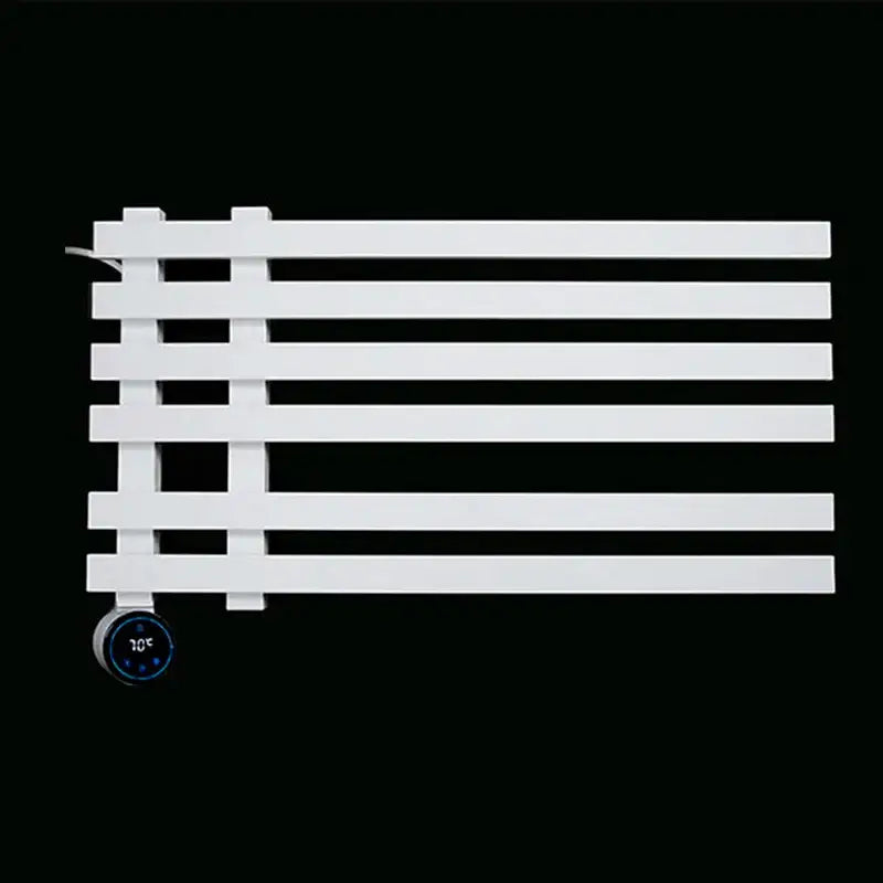 Modern matte gray towel warmer with sleek horizontal slats and decorbites digital touch bathroom temperature display
