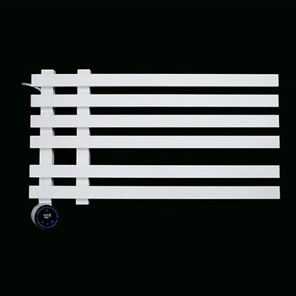 Modern matte gray towel warmer with sleek horizontal slats and decorbites digital touch bathroom temperature display