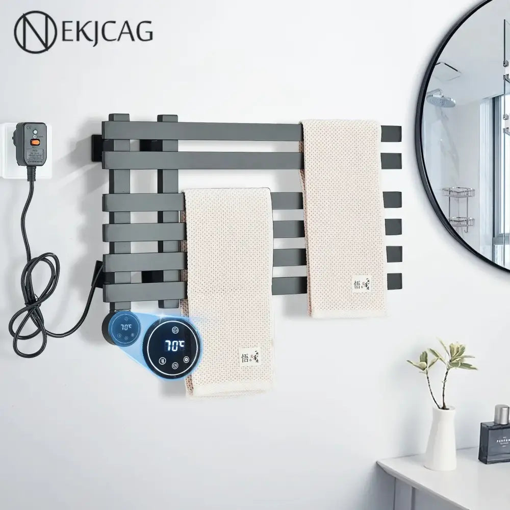 Modern matte gray digital touch bathroom towel warmer with sleek horizontal bars and digital temperature display