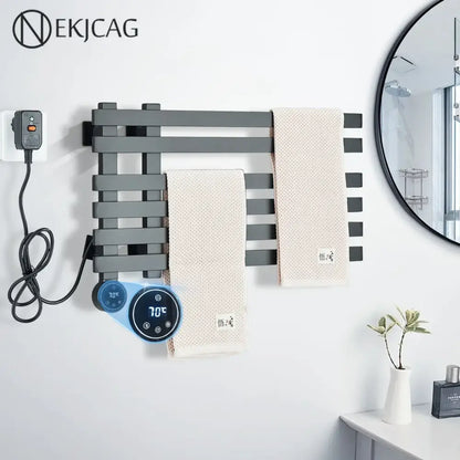 Modern matte gray digital touch bathroom towel warmer with sleek horizontal bars and digital temperature display
