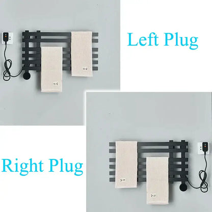 Black metal towel warmer with digital touch controls displaying two beige textured towels for bathroom decorbites digital touch bathroom use