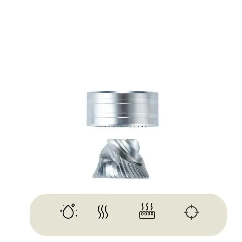 Modern matte gray electric bean grinder with a silver metallic cylindrical magnet and spiral-shaped component for coffee grinding