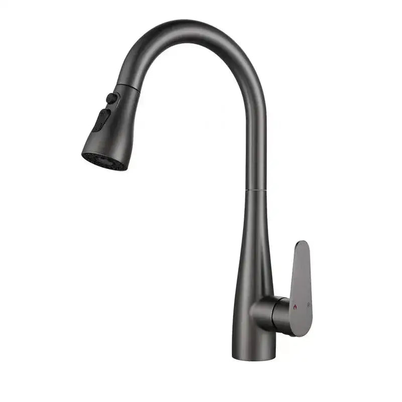 Modern matte gray kitchen faucet with pull-down sprayer and sleek curved spout in gray matte finish