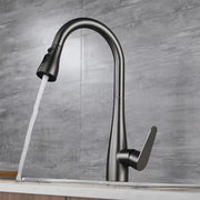 Modern matte gray kitchen faucet with pull-down sprayer and sleek curved spout in gray matte finish