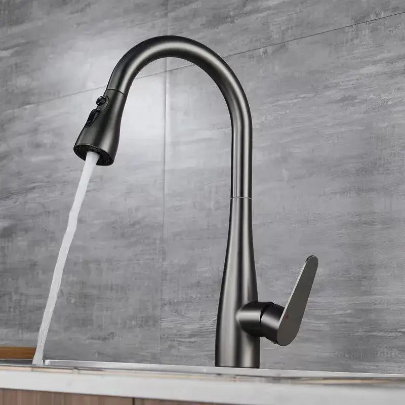 Modern matte gray kitchen faucet with pull-down sprayer and sleek curved spout in gray matte finish