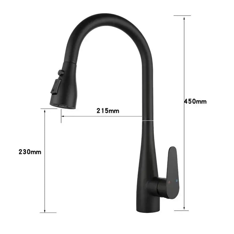 Modern gray matte kitchen faucet with a sleek curved spout and pull-down spray head in matte finish