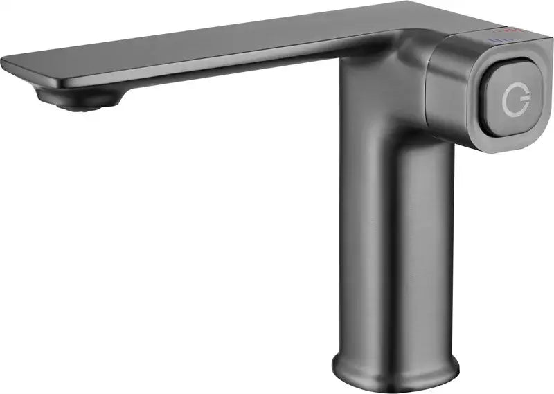 Modern matte gray sink mixer with a sleek rectangular spout and circular control knob featuring minimalist c logo