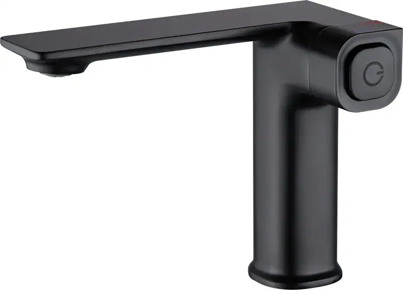 Black matte-finish modern gray sink mixer with angular spout and square handle featuring brand logo for kitchen use