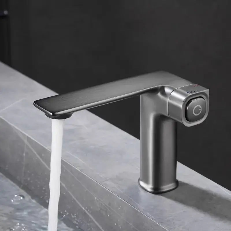 Modern matte gray sink mixer kitchen tap with memory switch featuring a sleek matte black faucet and circular control knob