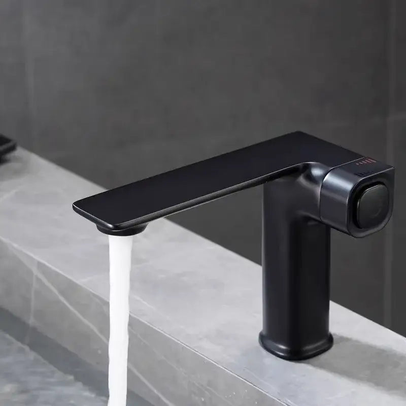 Modern matte gray sink mixer with memory switch featuring a black matte finish and sleek rectangular spout design