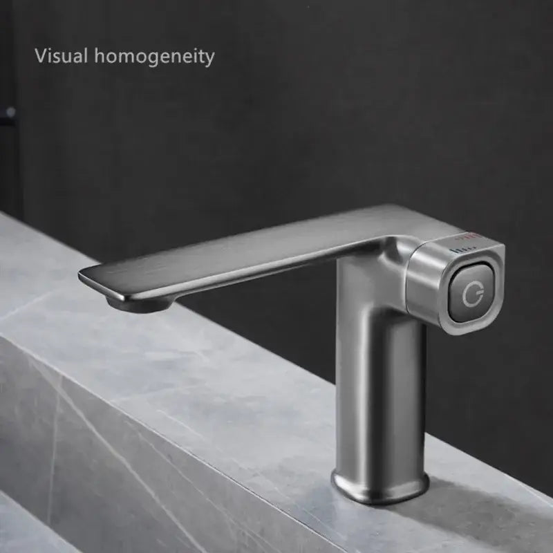 Modern matte gray sink mixer with brushed stainless steel, single-handle design and touch-sensitive control button