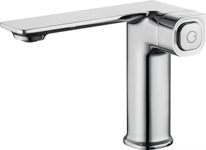 Modern chrome-finished gray sink mixer with sleek rectangular spout and square control knob featuring brand logo