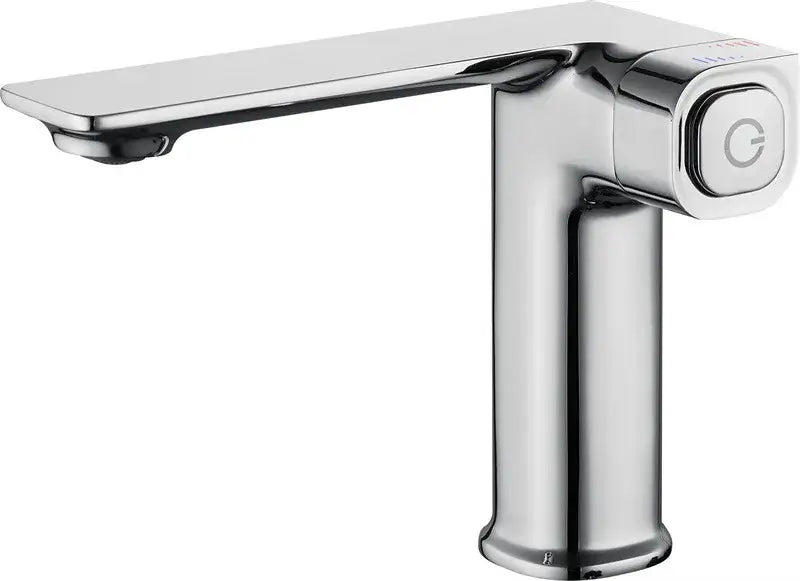 Modern chrome-finished gray sink mixer with sleek rectangular spout and square control knob featuring brand logo