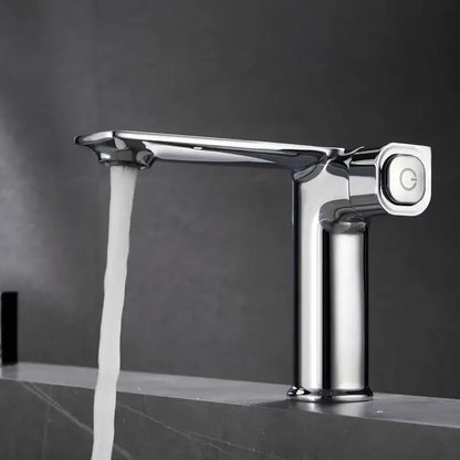 Modern chrome-finished single-handle gray sink mixer with sleek minimalist design and engraved g logo control knob