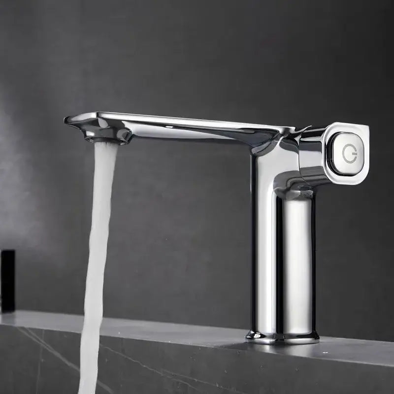 Modern chrome-finished single-handle gray sink mixer with sleek minimalist design and engraved g logo control knob