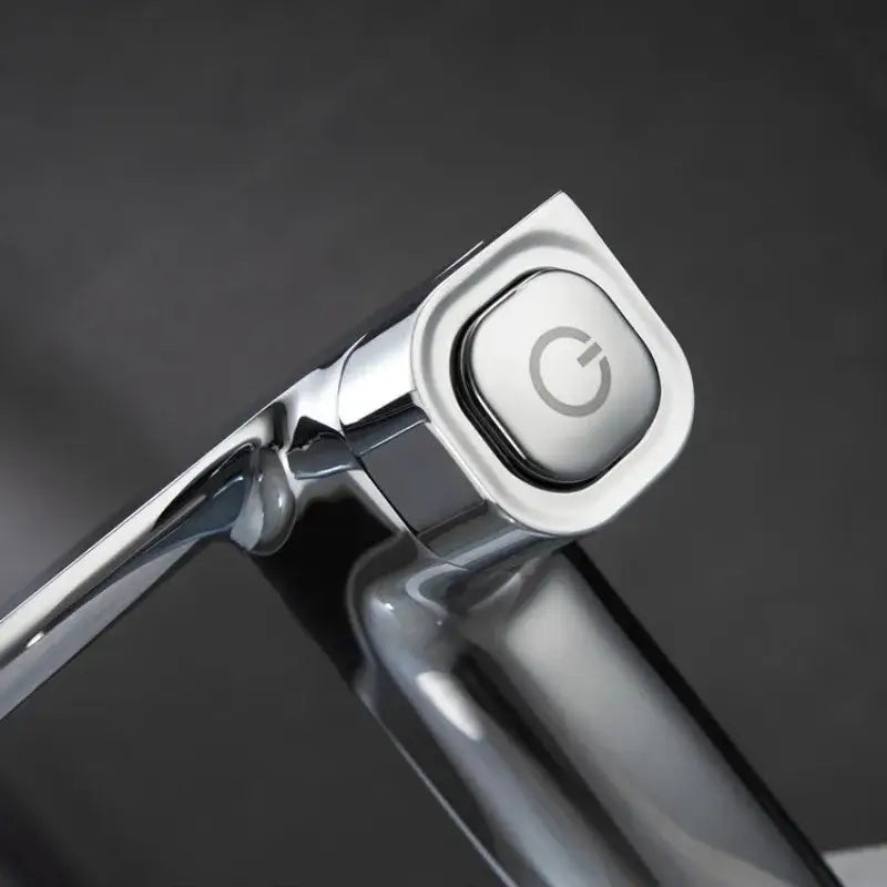 Modern chrome finished faucet with square power button designed for gray sink mixer in kitchen tap with memory switch