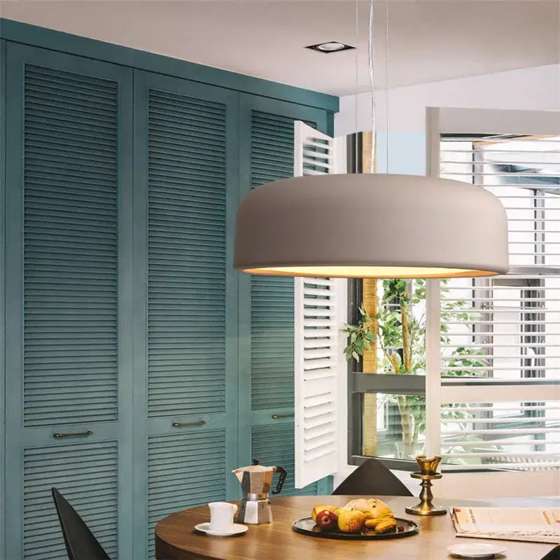 Modern matte green colorful macaron ceiling chandelier with gray pendant light and sleek metallic suspension hardware