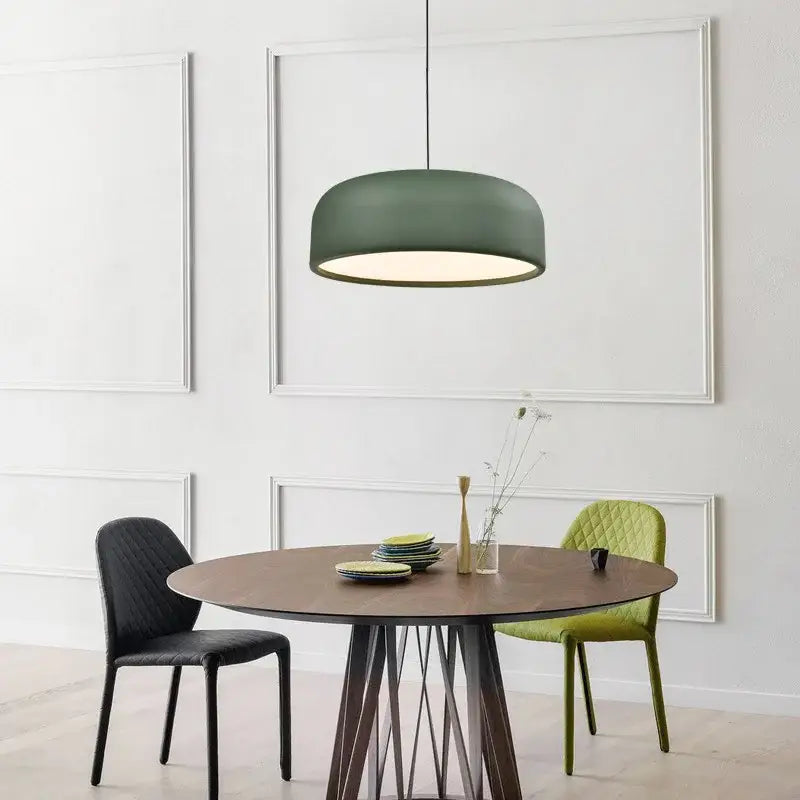 Modern matte green macaron ceiling chandelier with olive-green pendant light in sleek rounded design by decorbites colorful macaron