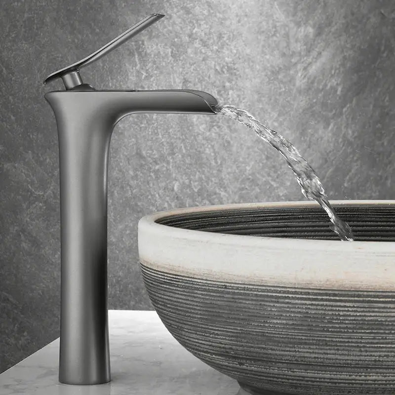 Modern matte grey waterfall brass basin faucet with sleek minimalist design and decorbites grey waterfall spout