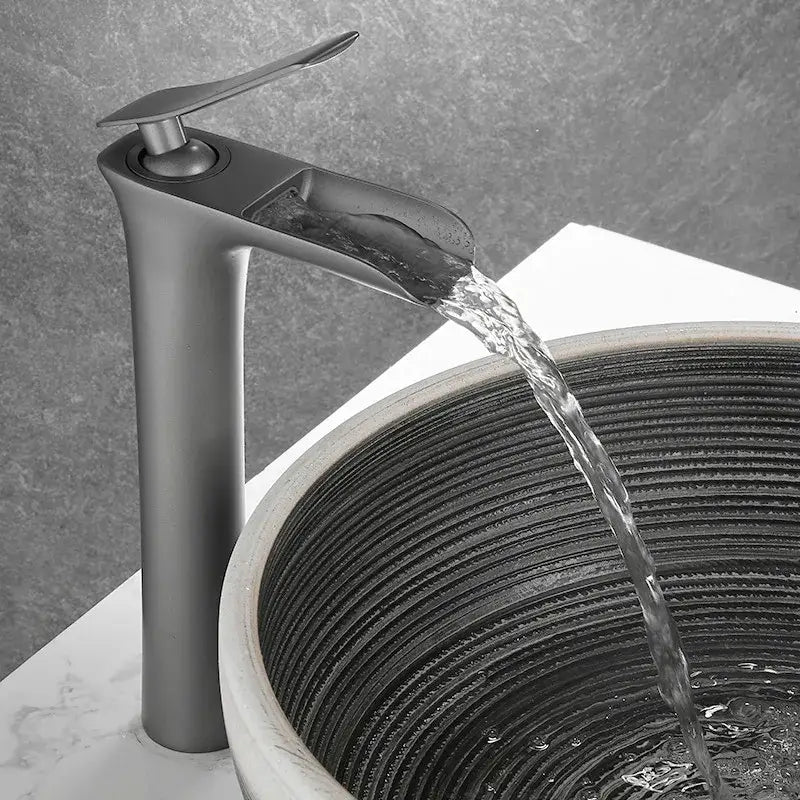 Modern matte grey waterfall brass basin faucet with sleek waterfall spout design for bathroom sink decorbites grey waterfall