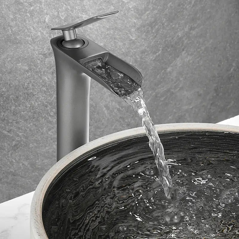 Modern matte grey waterfall brass basin faucet with sleek minimalist design for bathroom sink decorbites grey waterfall