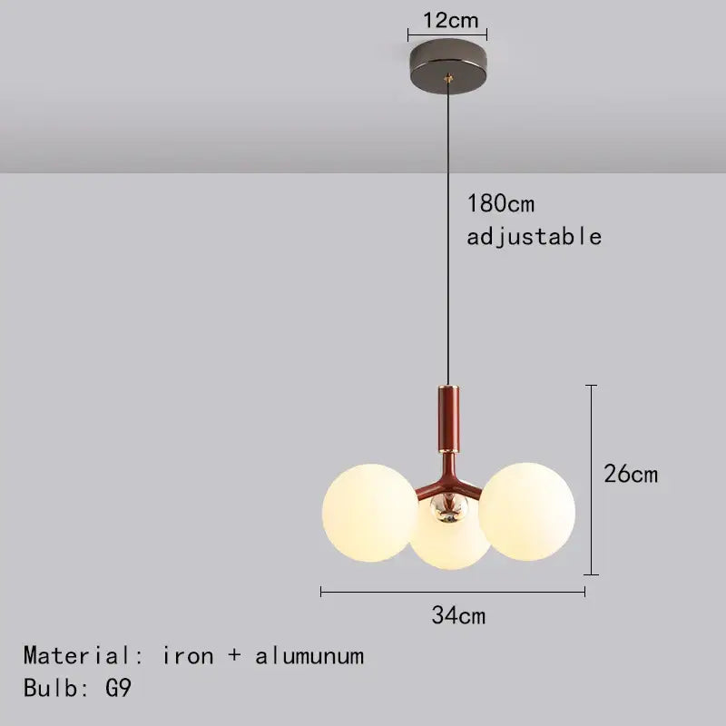 Modern matte red decorbites glass ball pendant lighting fixture with matte bronze iron frame and frosted glass spheres
