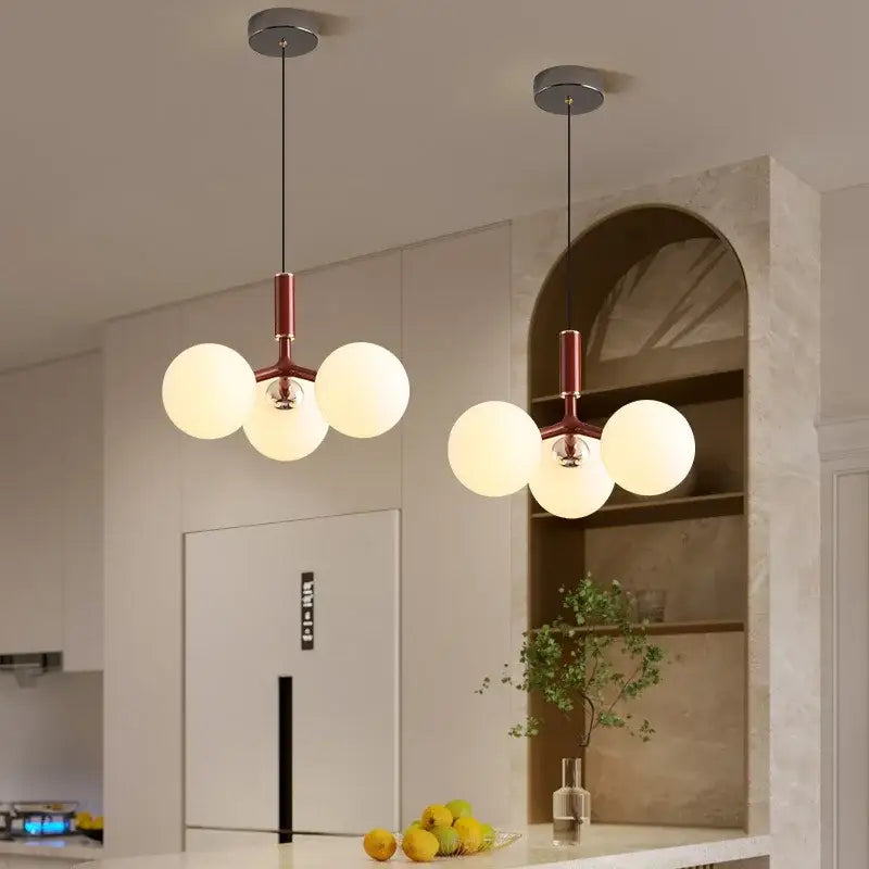 Modern matte red decorbites glass ball pendant lighting fixture with three frosted glass globes for living room use