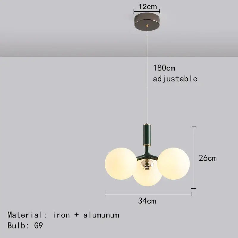 Modern three-bulb decorbites glass ball pendant lighting fixture with frosted glass spheres and dark green metal frame