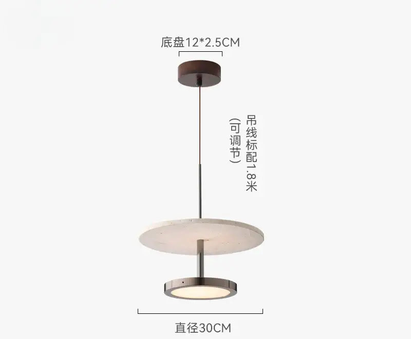 Modern matte white black stone led chandelier with dark wood base and tiered disc shades for contemporary interiors