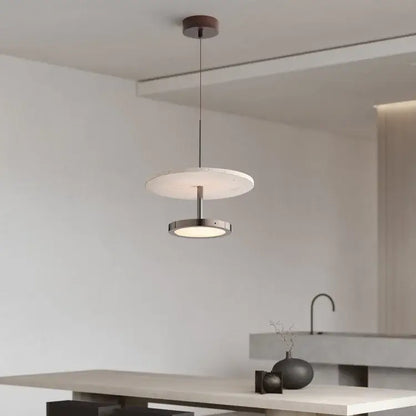 Modern matte white black stone pendant led chandelier with a matte white disc and brushed metal ring for dining room decorbites black stone