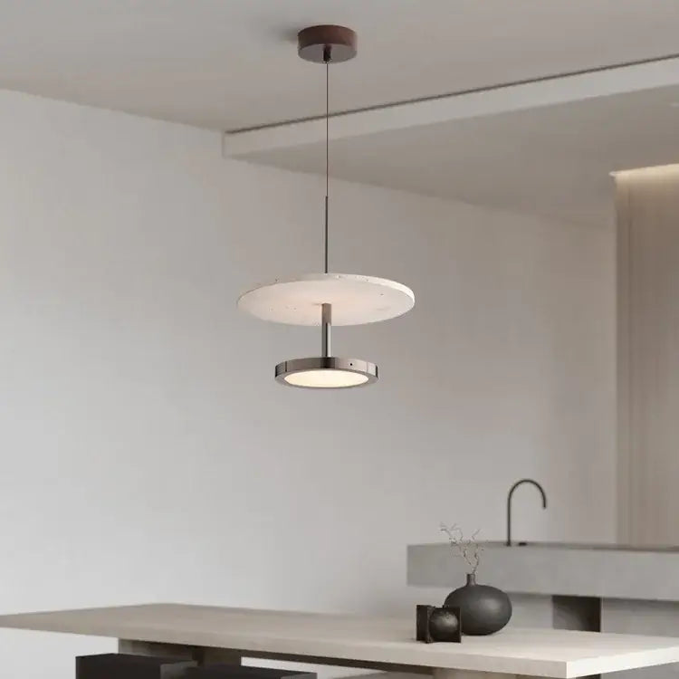 Modern matte white black stone pendant led chandelier with a matte white disc and brushed metal ring for dining room decorbites black stone