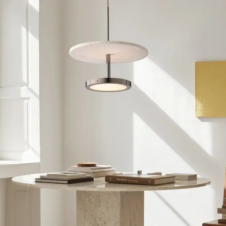 Modern matte white black stone pendant led chandelier with textured upper disc and brushed metal lower ring for dining room decorbites black stone pendant