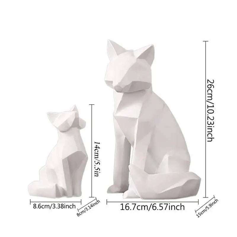 Modern matte white geometric fox sculpture and cat figurines with faceted minimalist design for living room decorbites geometric fox
