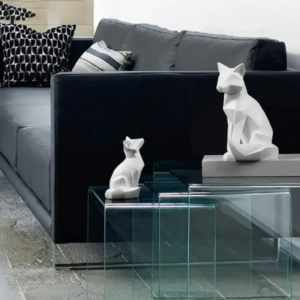 Modern matte white geometric fox sculpture with minimalist design for living room decor by decorbites geometric fox