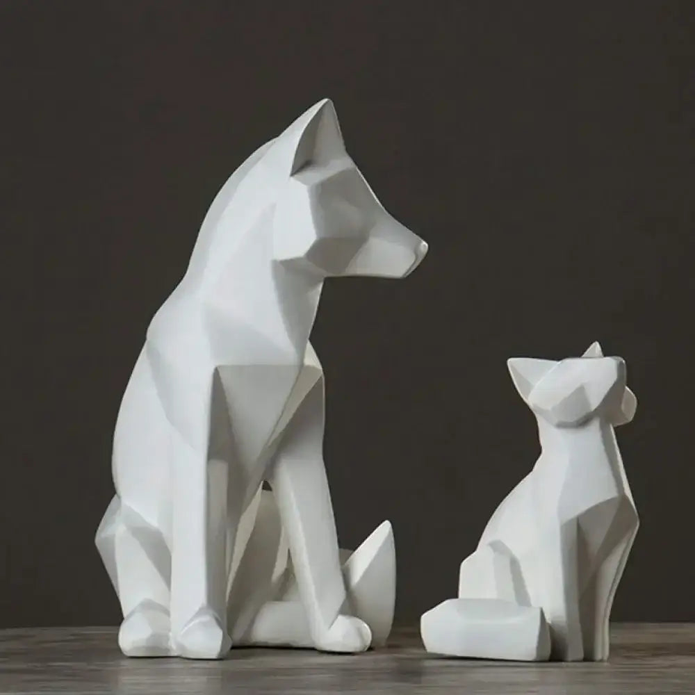 Modern matte white geometric fox sculpture with angular faceted design for living room decor by decorbites geometric fox